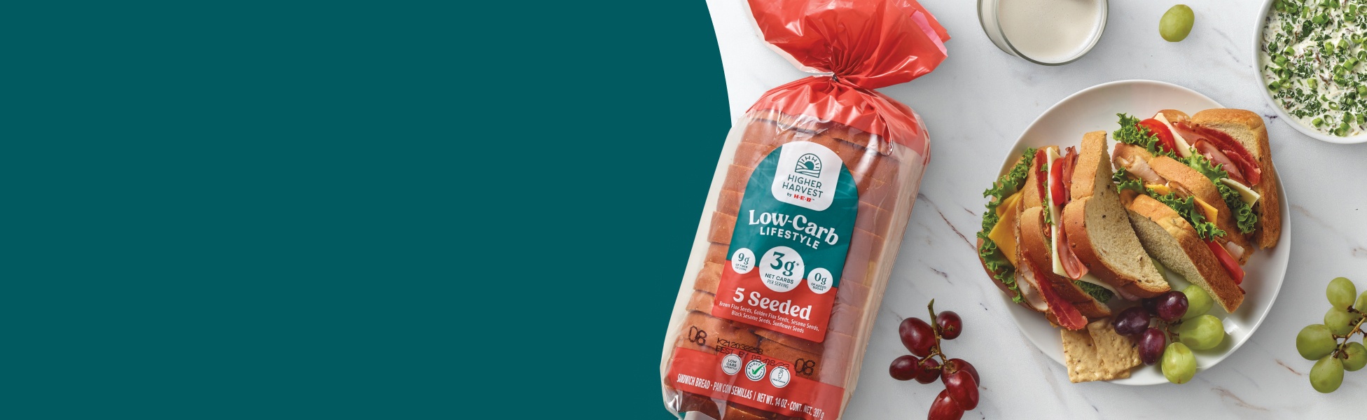 A sandwich, low carb bread, grapes, a dip, and oat milk