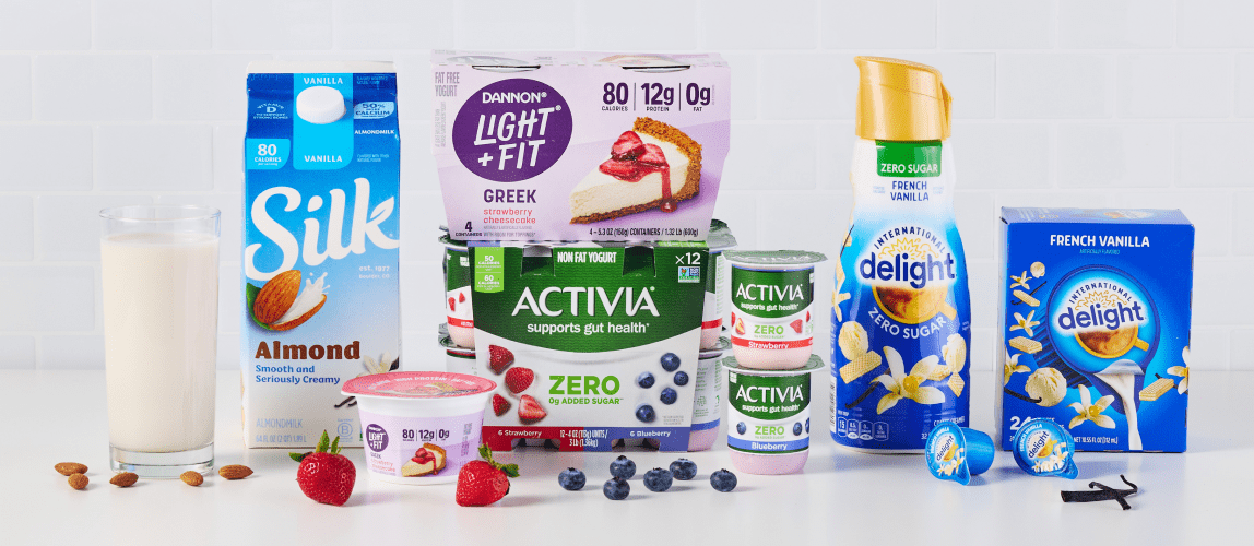 Packshot imagery of Danone products: Stok, Oikos Pro and Too Goods 