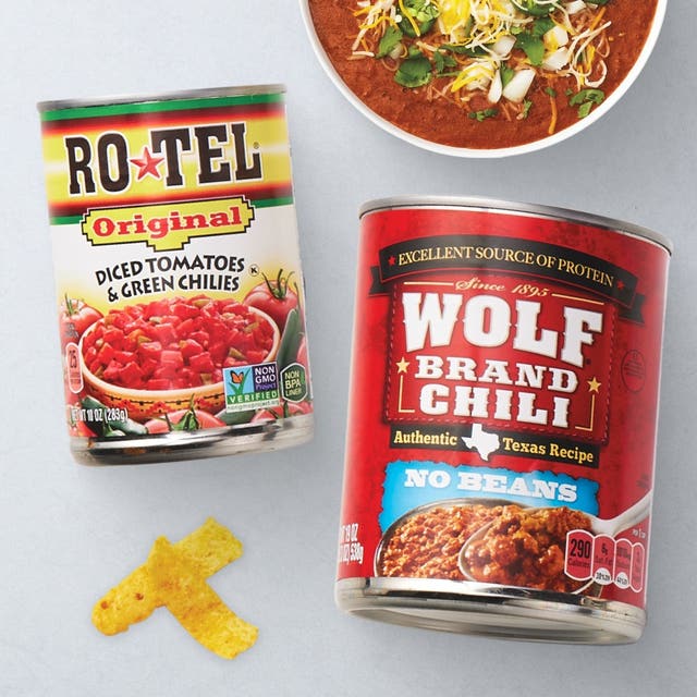 ROTEL original diced tomatoes and green chilies and Wolf brand chili with no beans