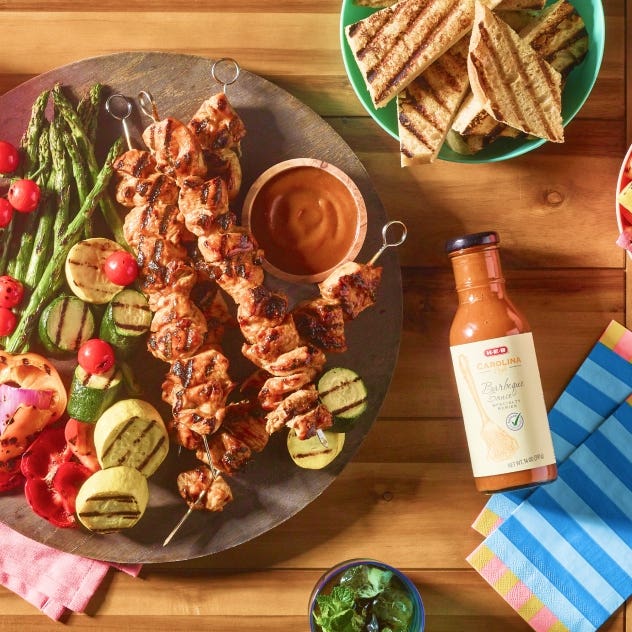 BBQ chicken skewers with vegetables and HEB barbecue sauce