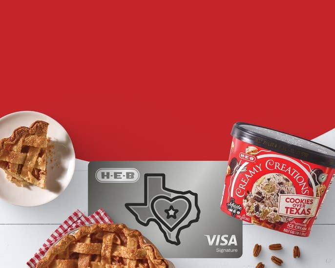 HEB Visa Credit Card and HEB Creamy Creations ice cream with pie
