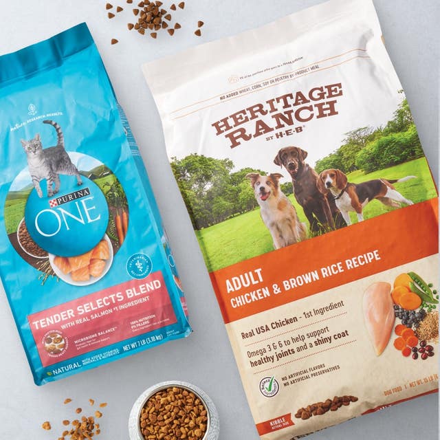 Purina ONE cat food and Heritage Ranch by H‑E‑B adult dog food