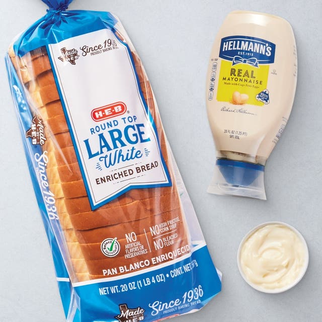 H‑E‑B round top large white enriched bread and Hellmann's real mayonaisse