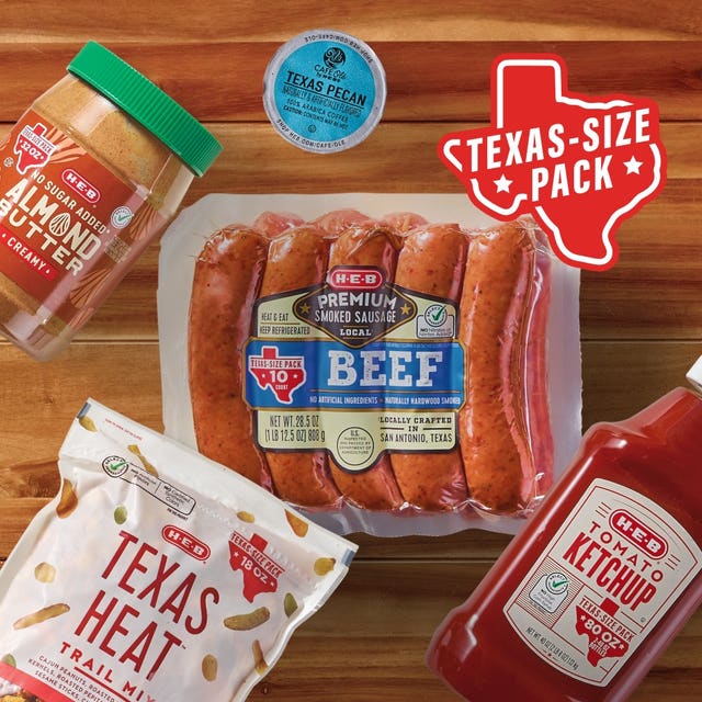 HEB Texas Size Heat, premium beef hot dogs, ketchup and almond butter