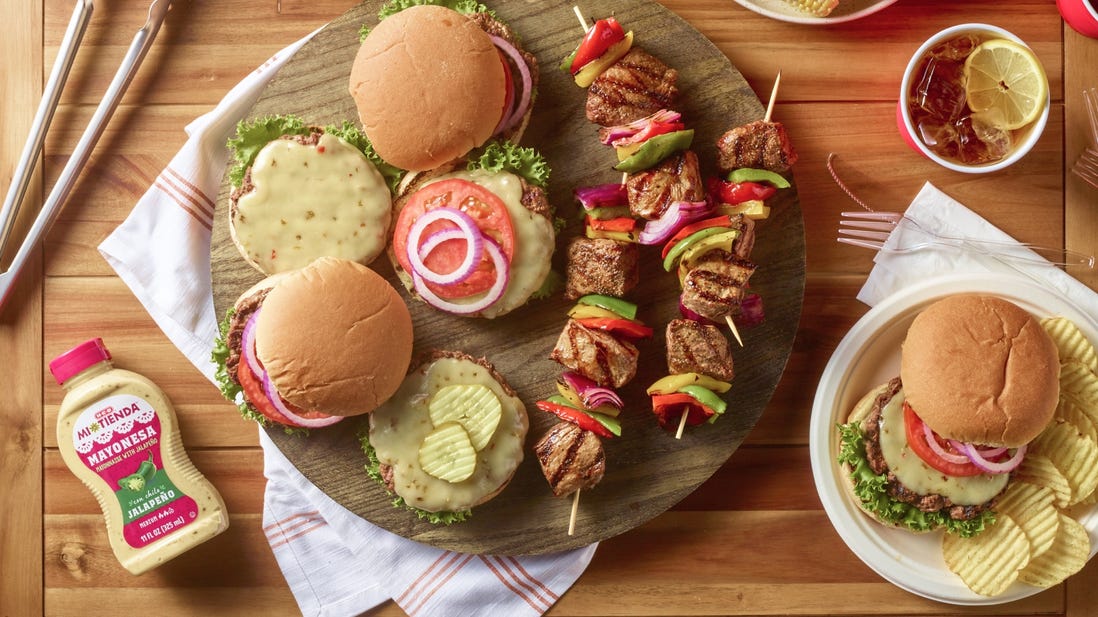 Burgers, kabobs on a platter