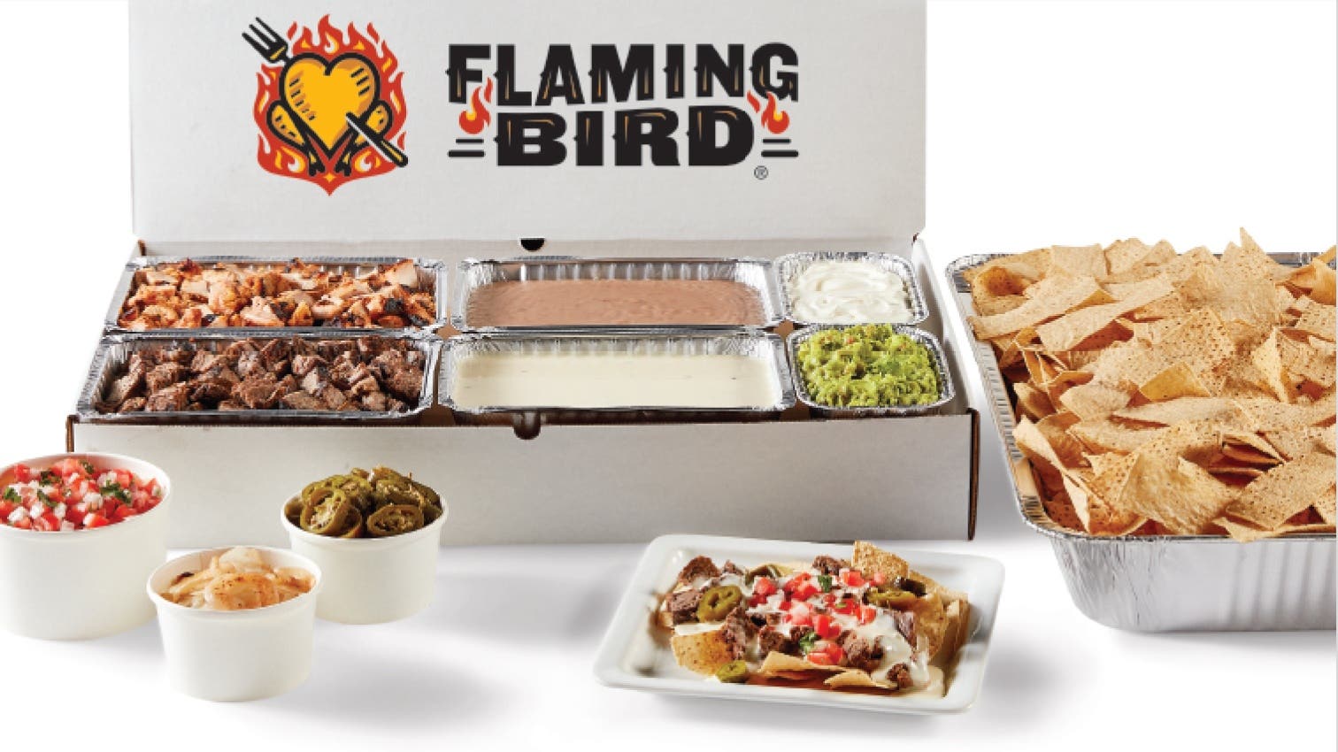 A large box of food options from Flaming Bird