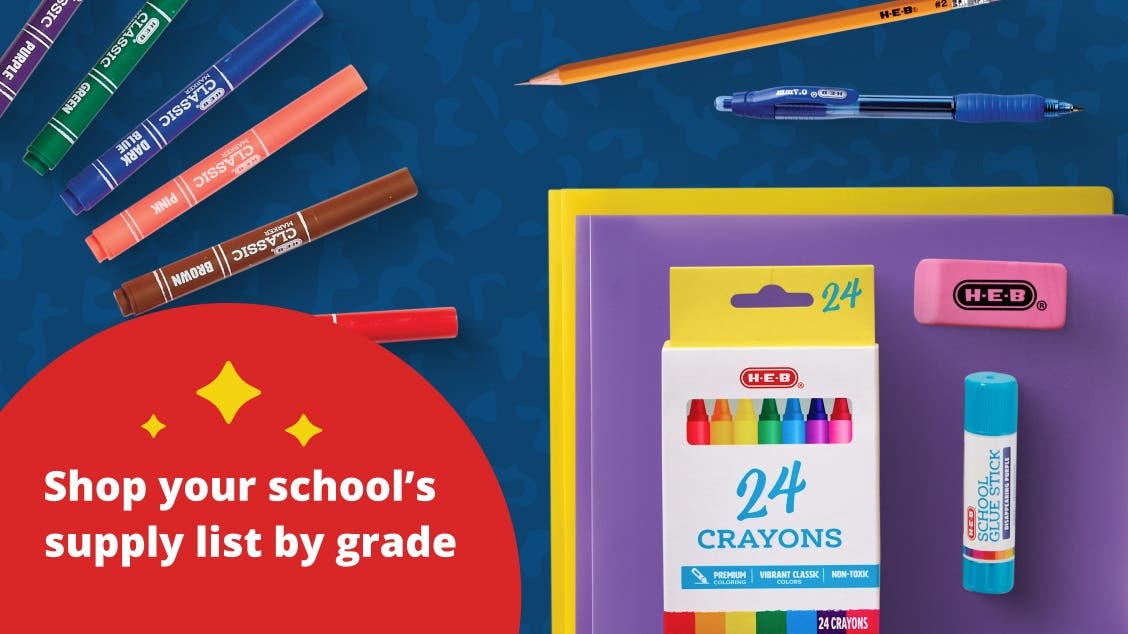 H‑E‑B school supplies including crayons, glue stick, markers, pencils, and folders, with "Shop your school's supply" text.