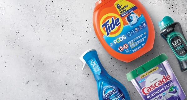 $5 off $30 laundry items* Tide Pods laundry detergent, Downy Unstopables Fresh scent booster, Dawn Platinum Powerwash dish spray, and Cascade Platinum Plus dishwasher detergent.