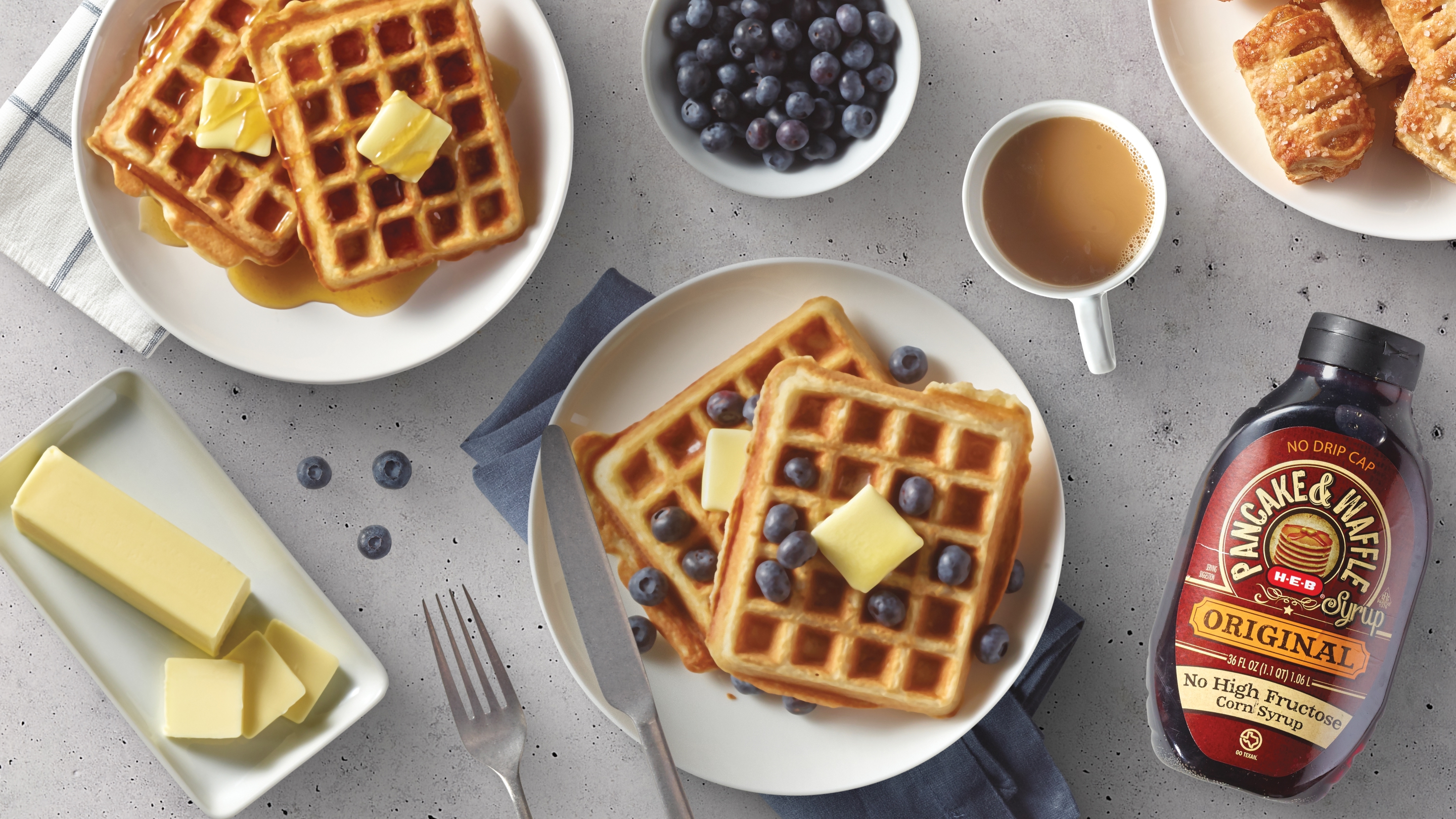 Waffles, butter, syrup, & blue berries