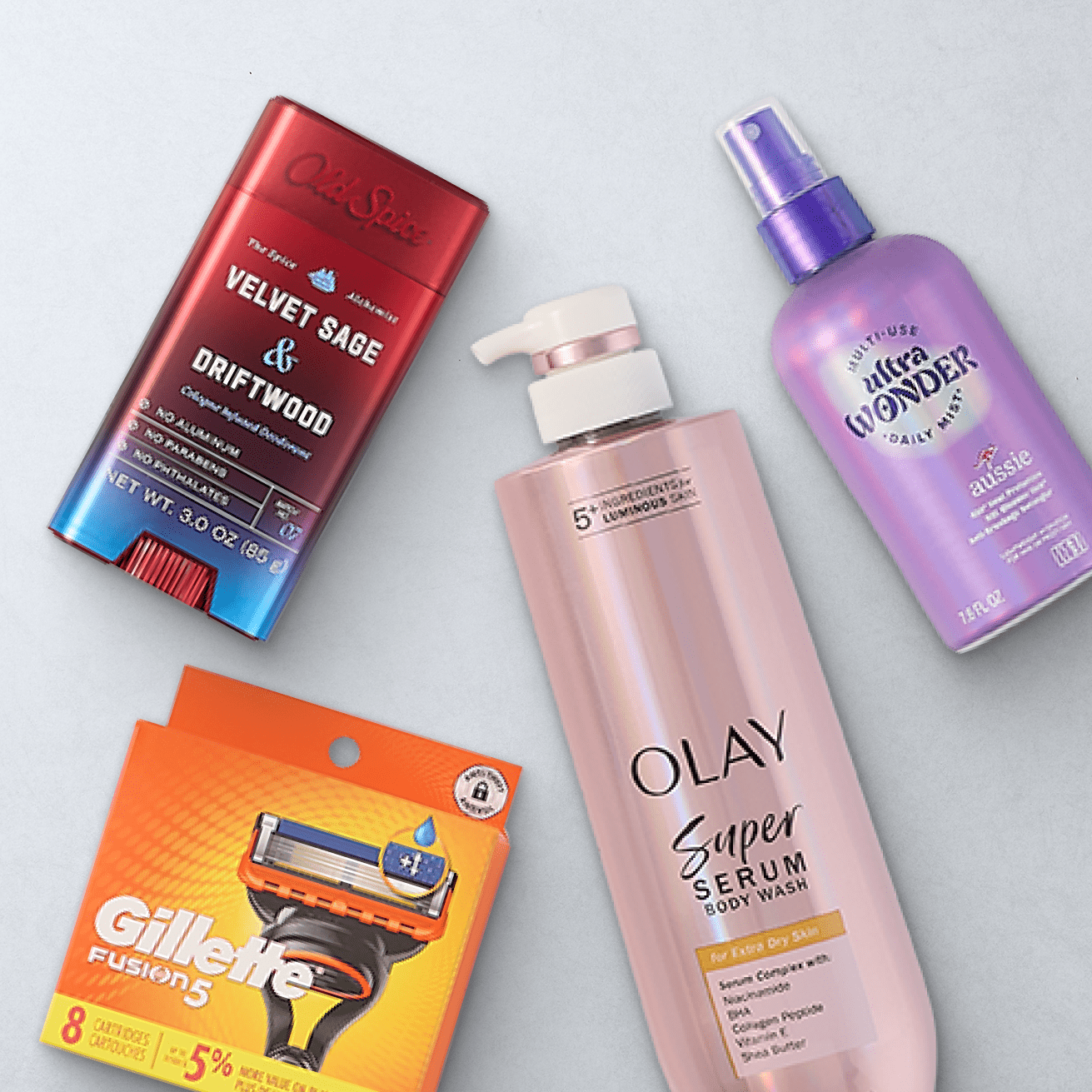 Old Spice deordorant, ultra wonder daily mist, OLAY super serum, Gillete Fusion 5 razorblades