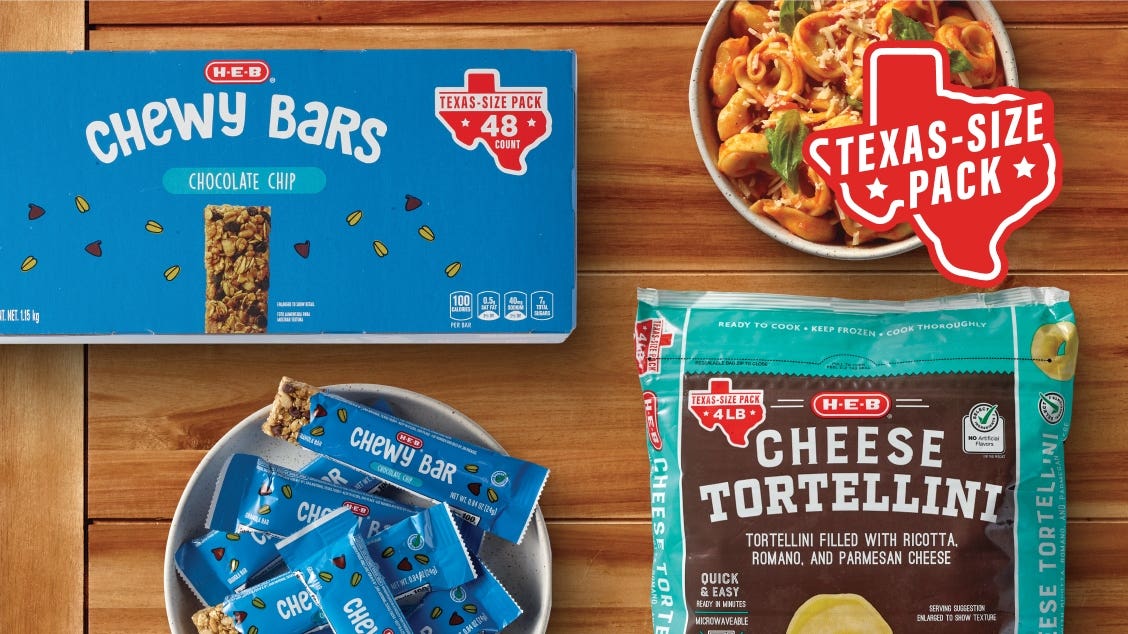 A Texas-size pack of 48 H‑E‑B Chocolate Chip Chewy Bars and a bag of frozen H‑E‑B Cheese Tortellini.
