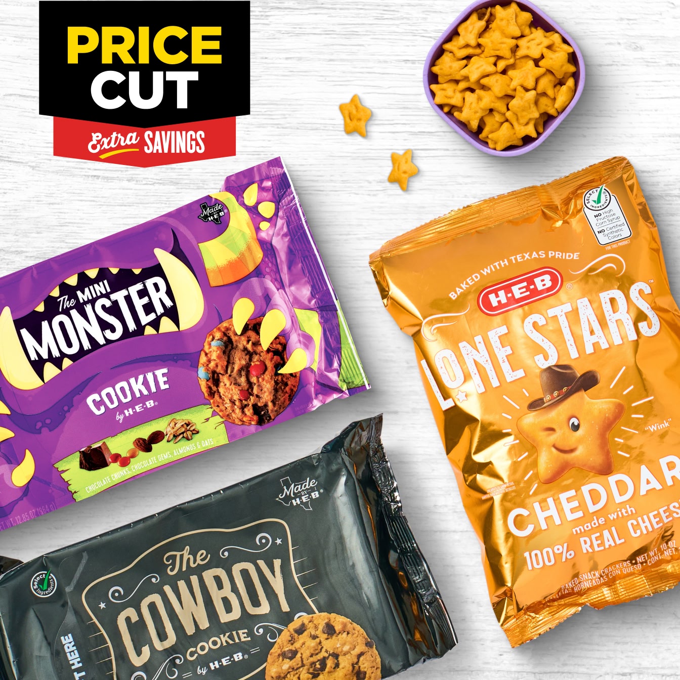 Cowboy cookies, mini monster cookies, lonestars cheddar crackers