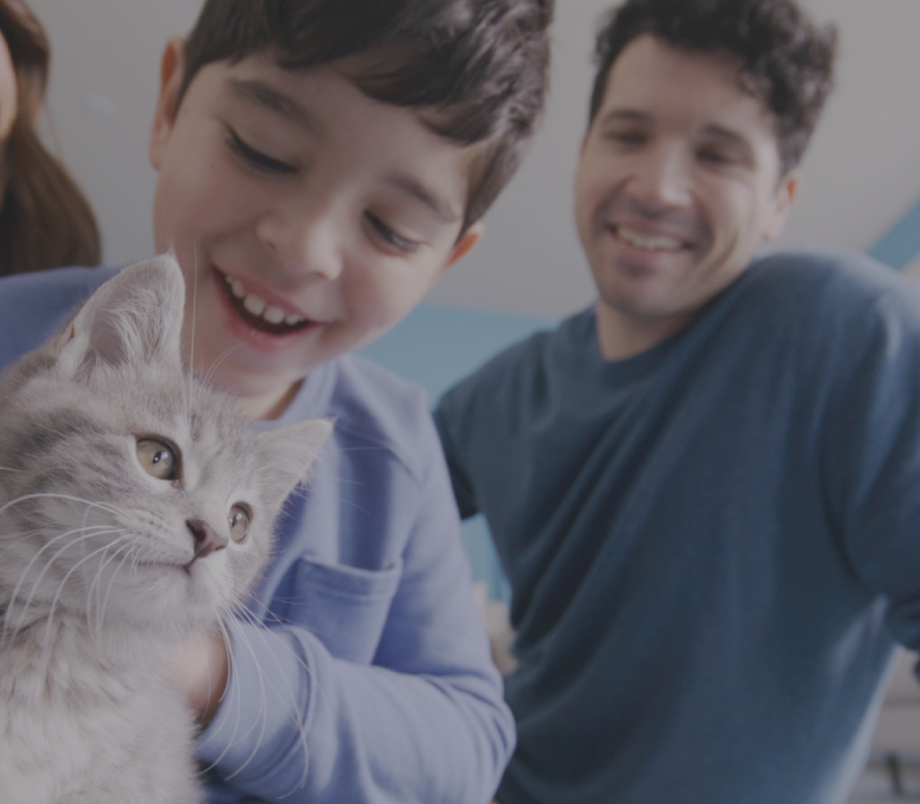 Lifestyle imagery of a family holding a cat 