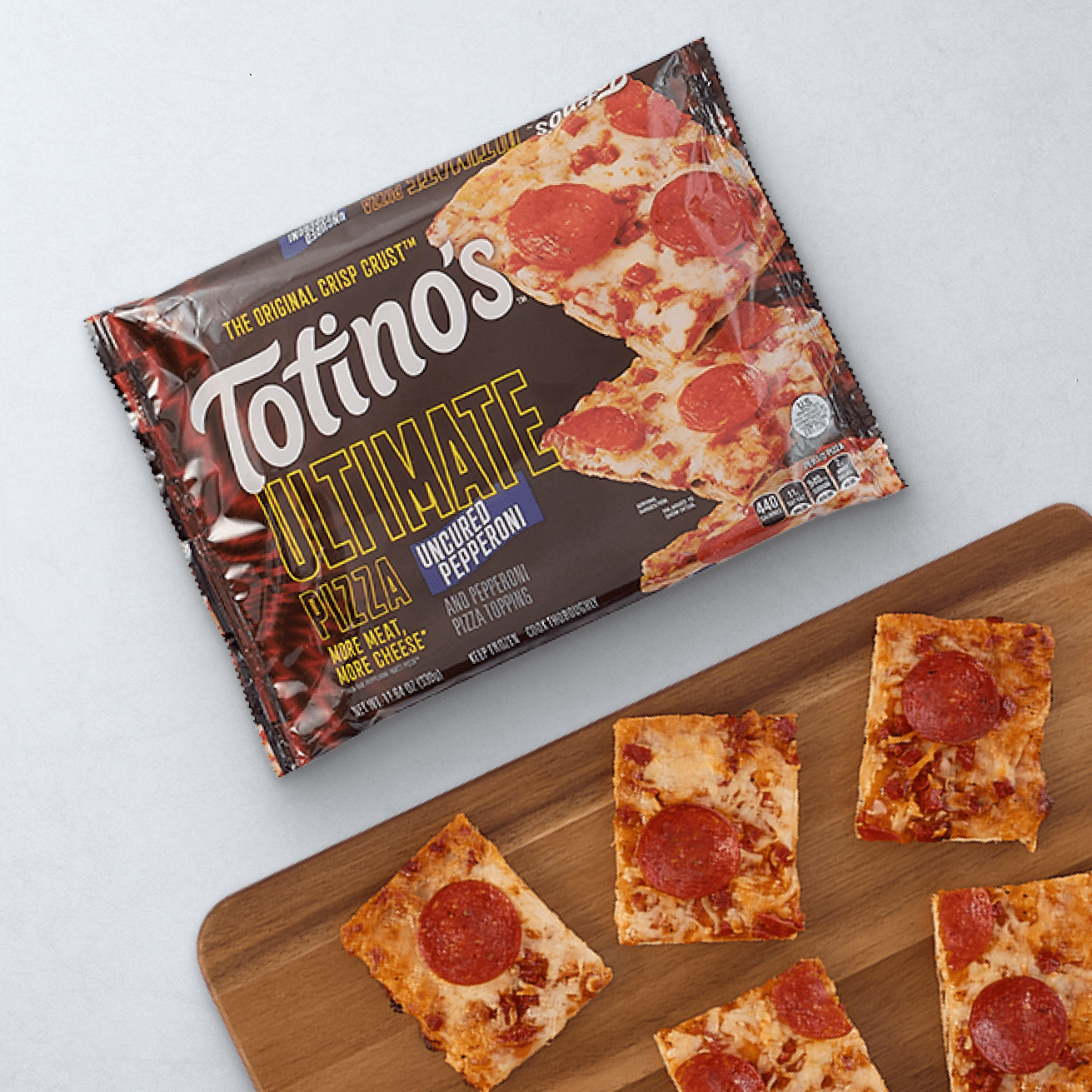 Totino's Ultimate pizza spread on a brown platter