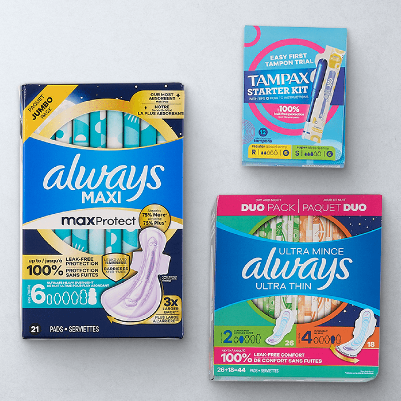 always Maxi jumbo pack, Tampax starter kit, ultra mince always ultra thin