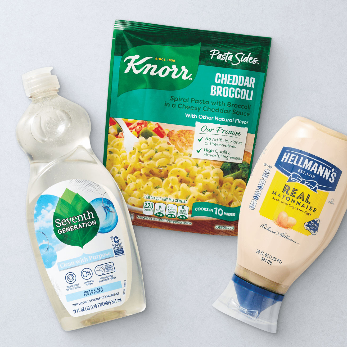 Seventh Generation dishwasher soap, Knorr Cheddar Broccoli, Hellman's Mayo