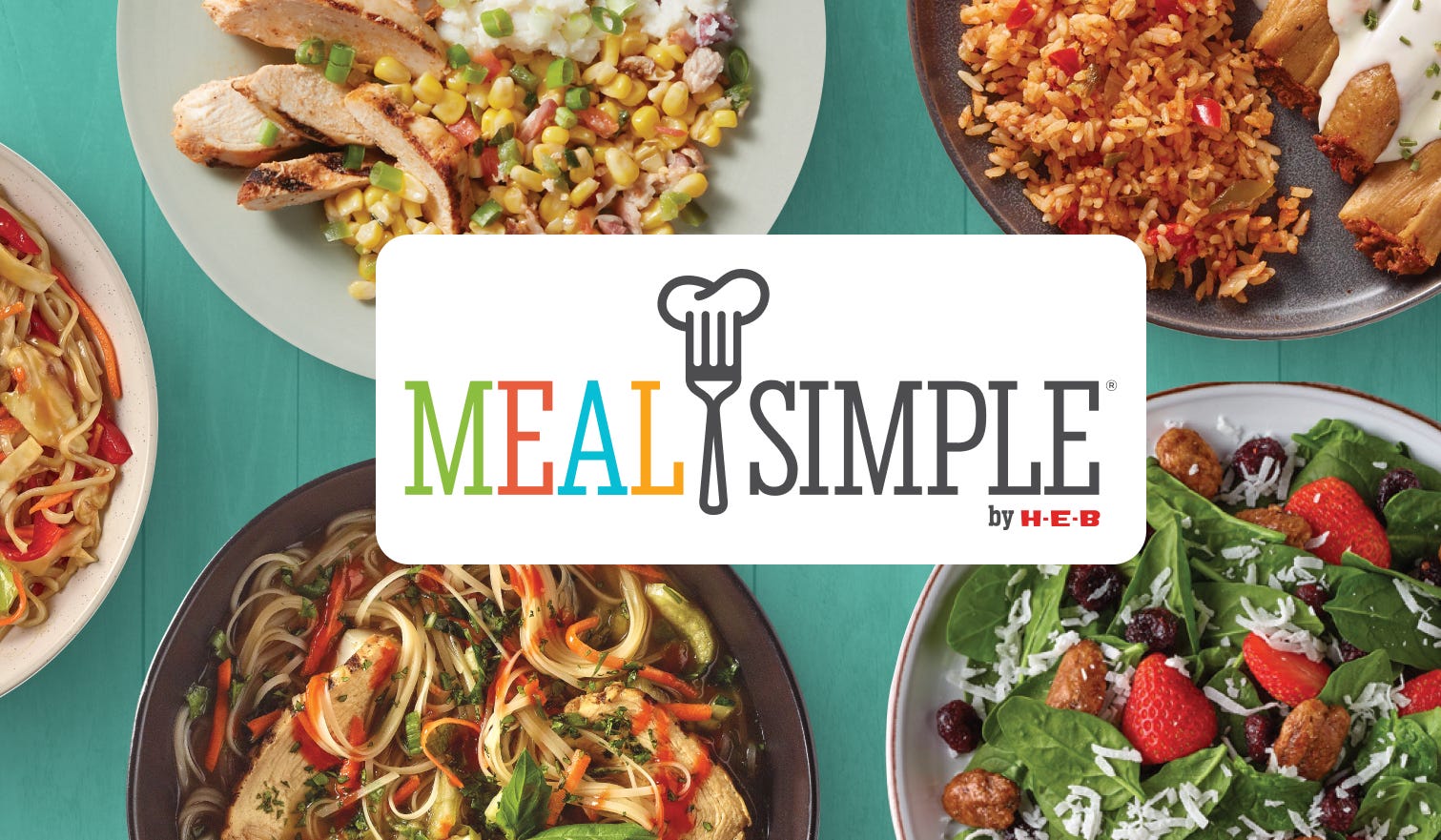 Various Meal Simple meals on plates with the Meal Simple® by H‑E‑B logo