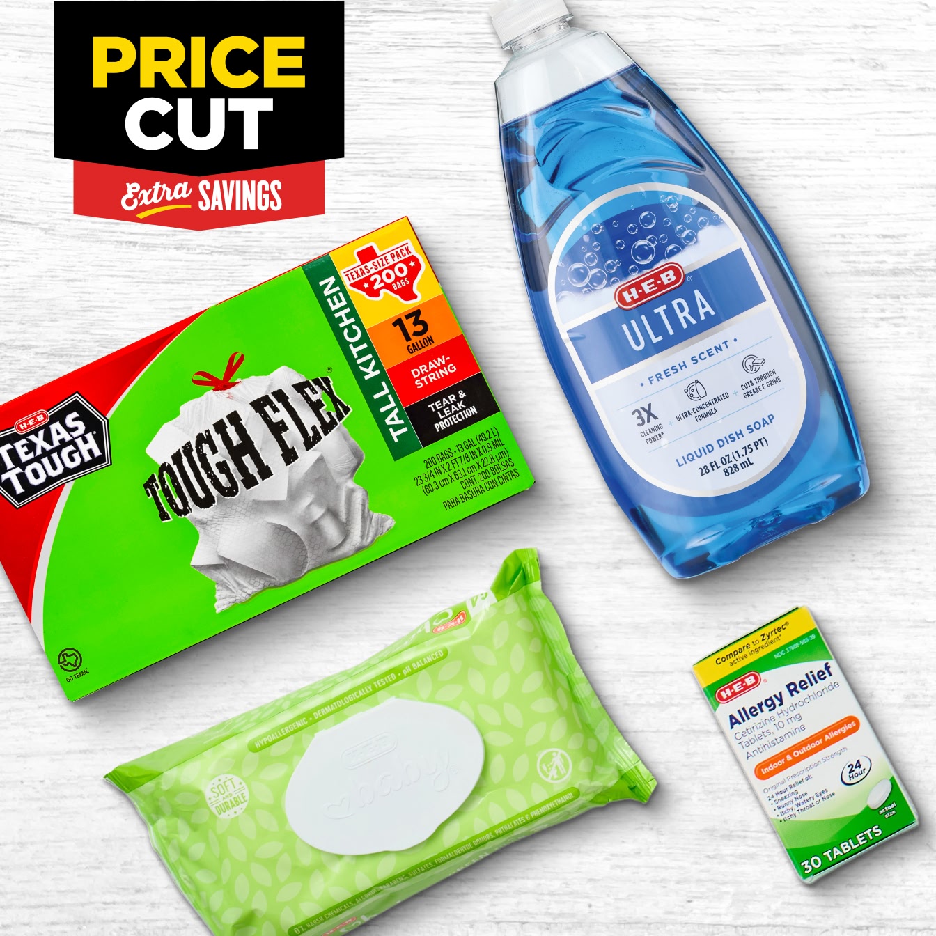 Wipes, trash bags, ultra dishwashing soap, allergy relief medicine