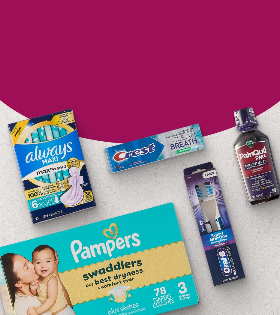 A variety of household essentials including Pampers diapers, Always Maxi pads, Crest toothpaste, Oral-B toothbrushes, and Painquil pain relief medicine against a vibrant magenta background.