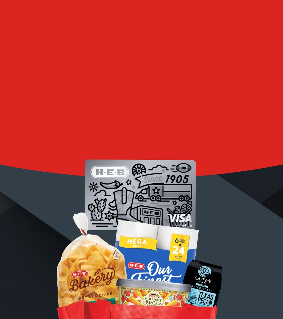 Red shopping bag filled with H‑E‑B products