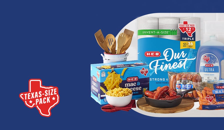 $5 off $35+ Texas-size packs* H‑E‑B Texas-size pack food products including mac & cheese, broccoli florets, French beans, chicken broth, beef sausage, and baby carrots.