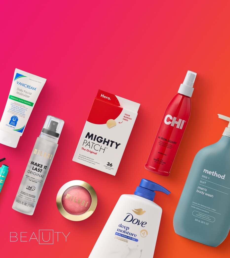 Beauty products spread out side by side on their own individual shelf