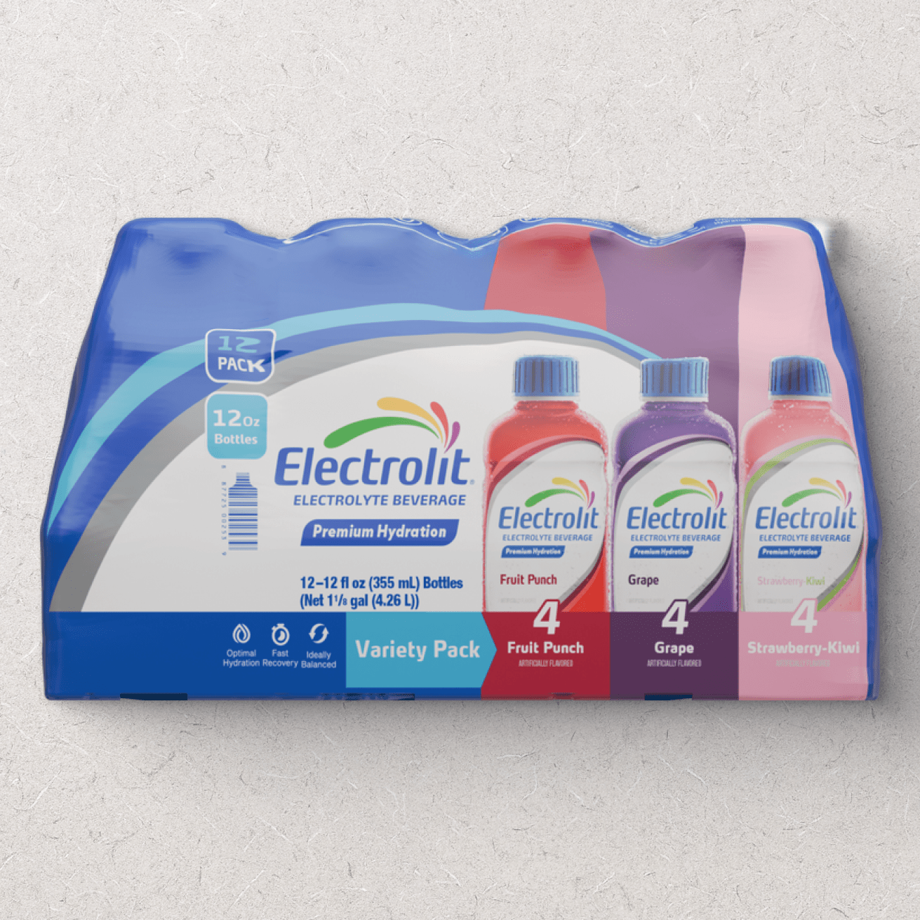 Electrolit Electrolyte Beverage Variety Pack featuring 12 bottles of 12 oz each in Fruit Punch, Grape, and Strawberry-Kiwi flavors. 