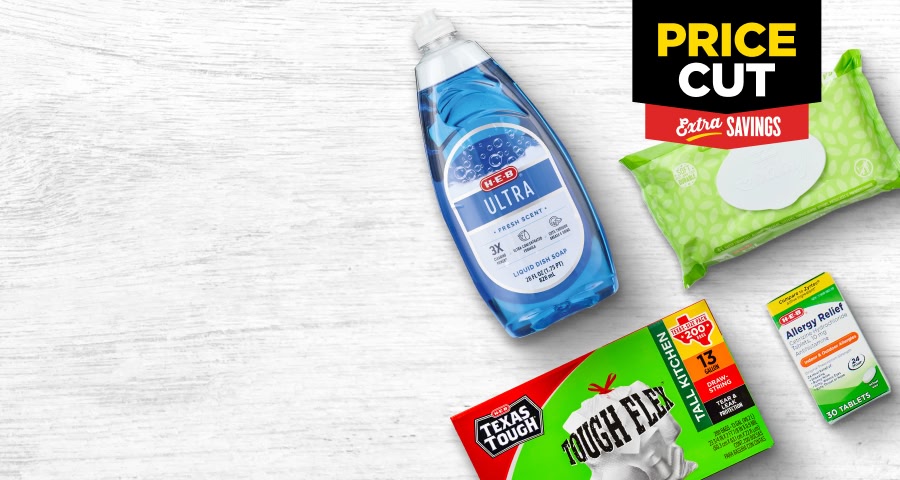 HHE products side by side (dish washing soap, Texas tough bags, cat litter)