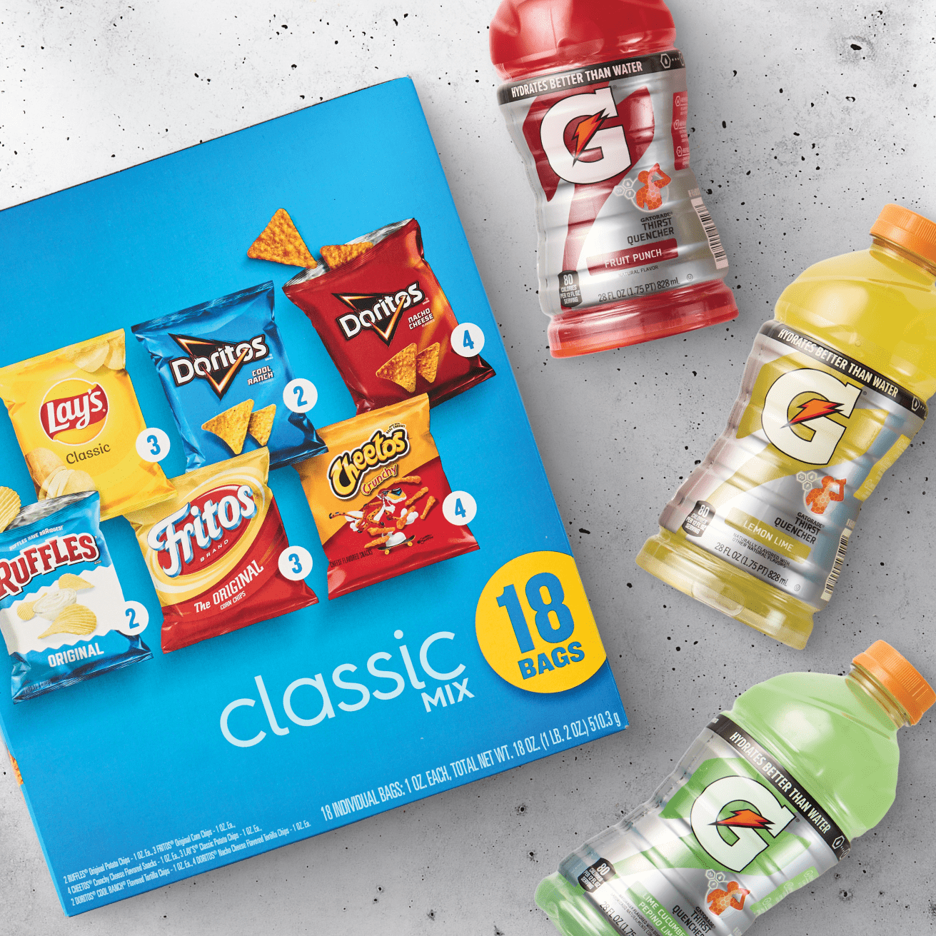 Gatorade bottles, classic mix of chips (18 ct)