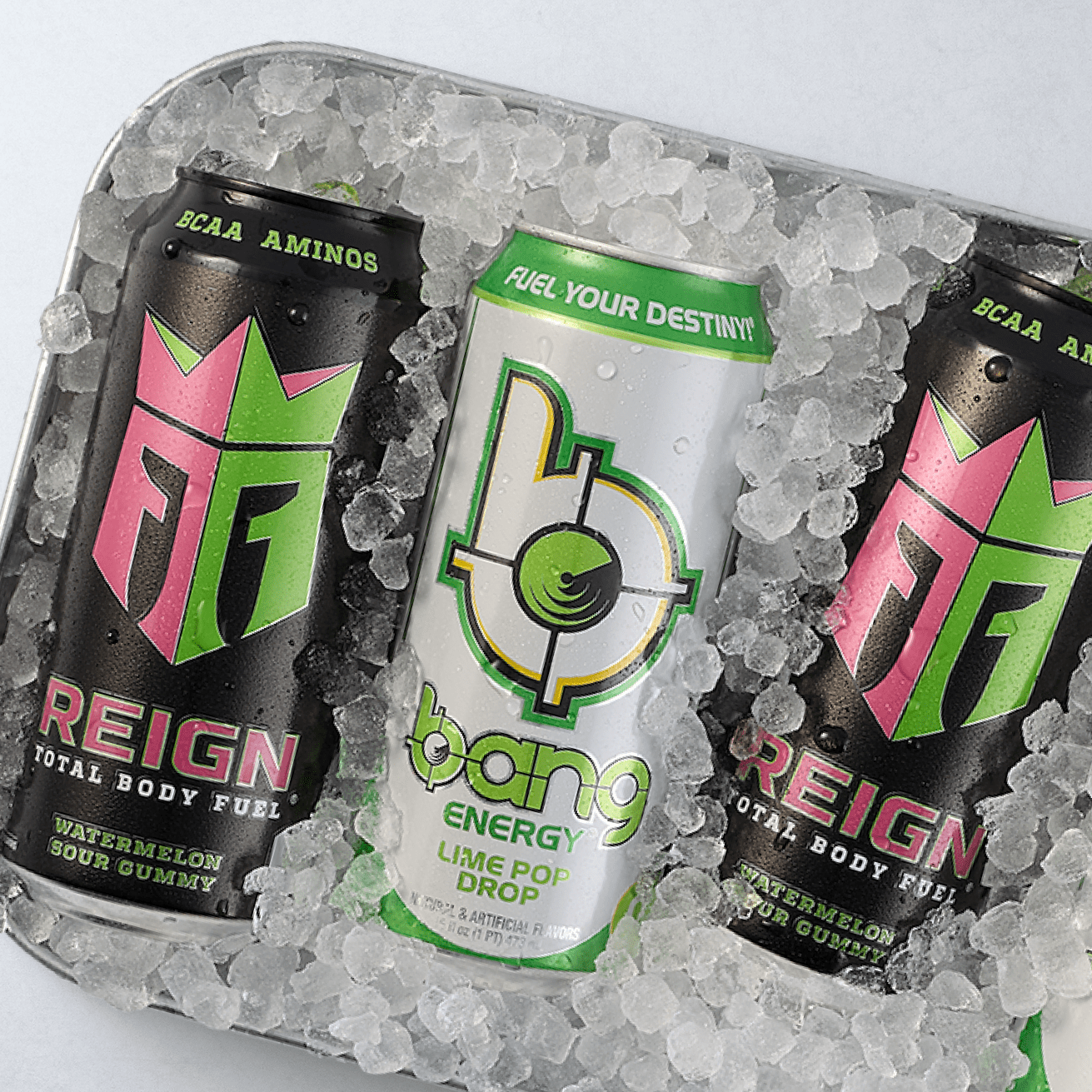 (2) Reign cans & (1) Bang can together in a bucket of ice