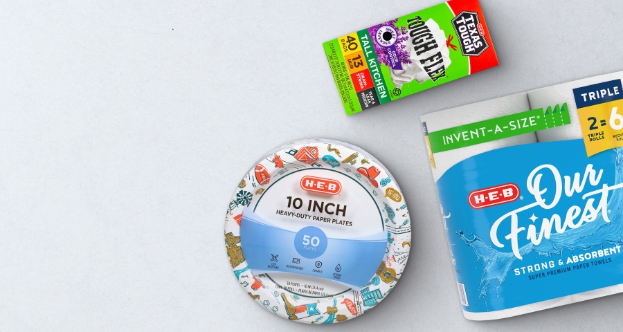 Paper plates, paper towels, and trash bags