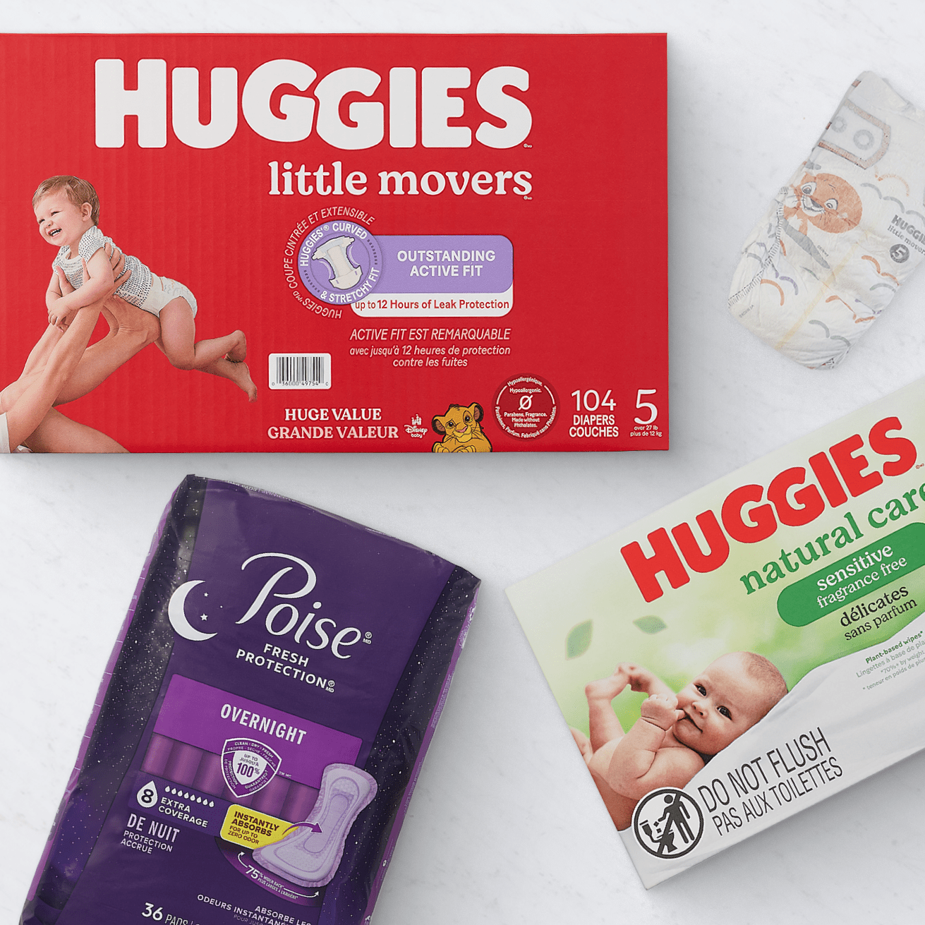 A variety of Huggies and Poise products, including Huggies Little Movers diapers, Huggies Natural Care wipes for sensitive skin, and Poise Fresh Protection Overnight pads.