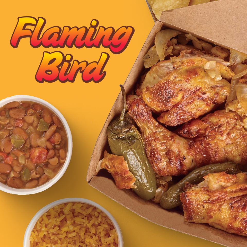 Flaming Bird chicken with rice and beans