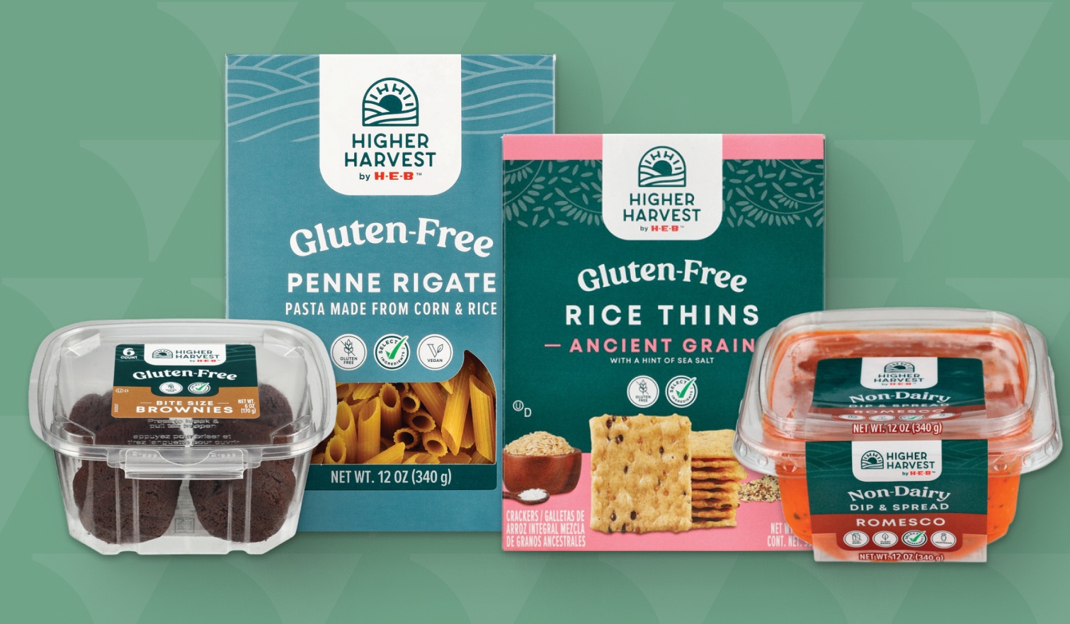A collection of Higher Harvest products, including Gluten Free Bite Sized Brownies, Gluten Free Penne Rigate, Gluten Free Rice Thins, and Non-Dairy Romesco Dip 