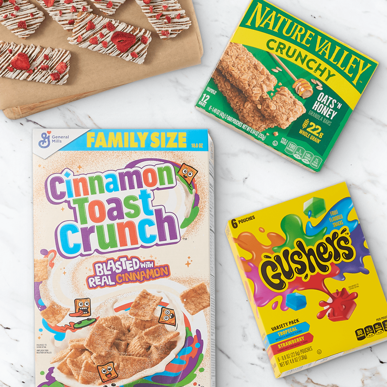 Cinnamon toast crunch, gushers, nature valley crunchy bars