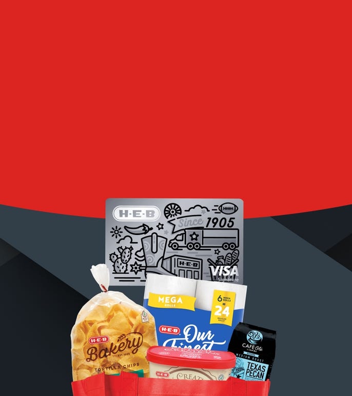 Red shopping bag filled with H‑E‑B products including ridged potato chips, flour tortillas, and brisket queso.