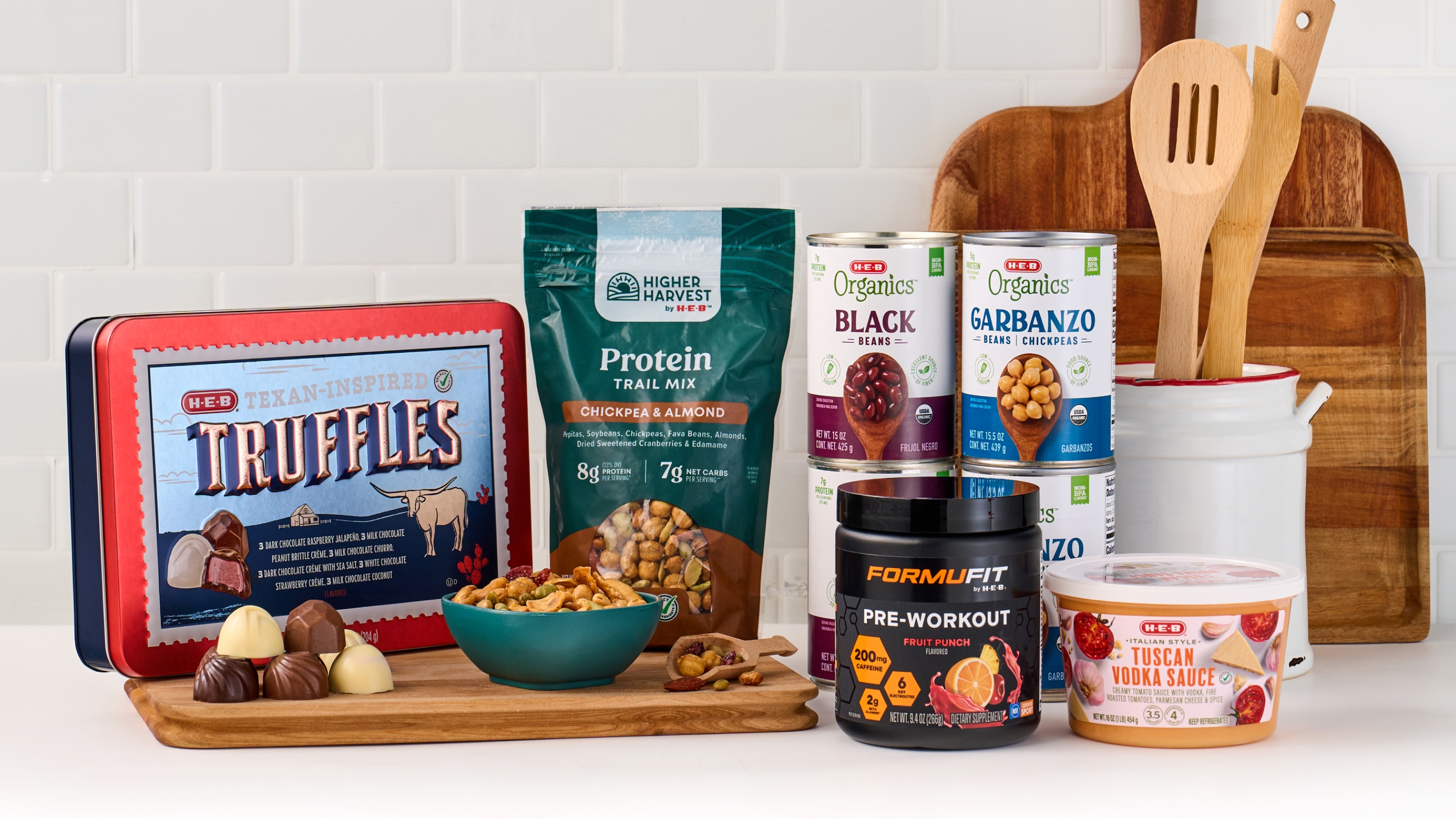 Truffles, protein trail mix, pre-workout, beans, chickpeas, vodka sauce