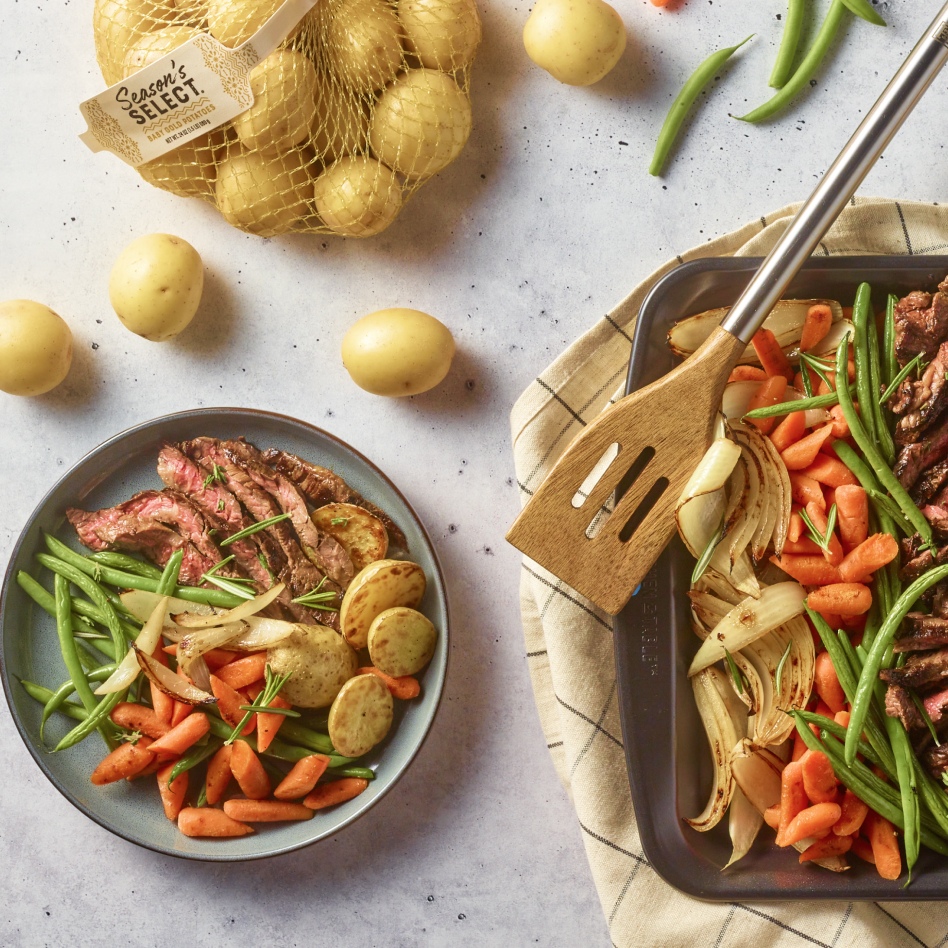 One pan beef and potatoes, carrots and green beans