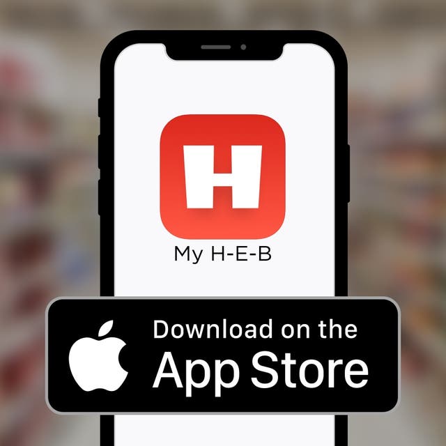 A phone screen with the My H‑E‑B logo that reads Download on the App Store