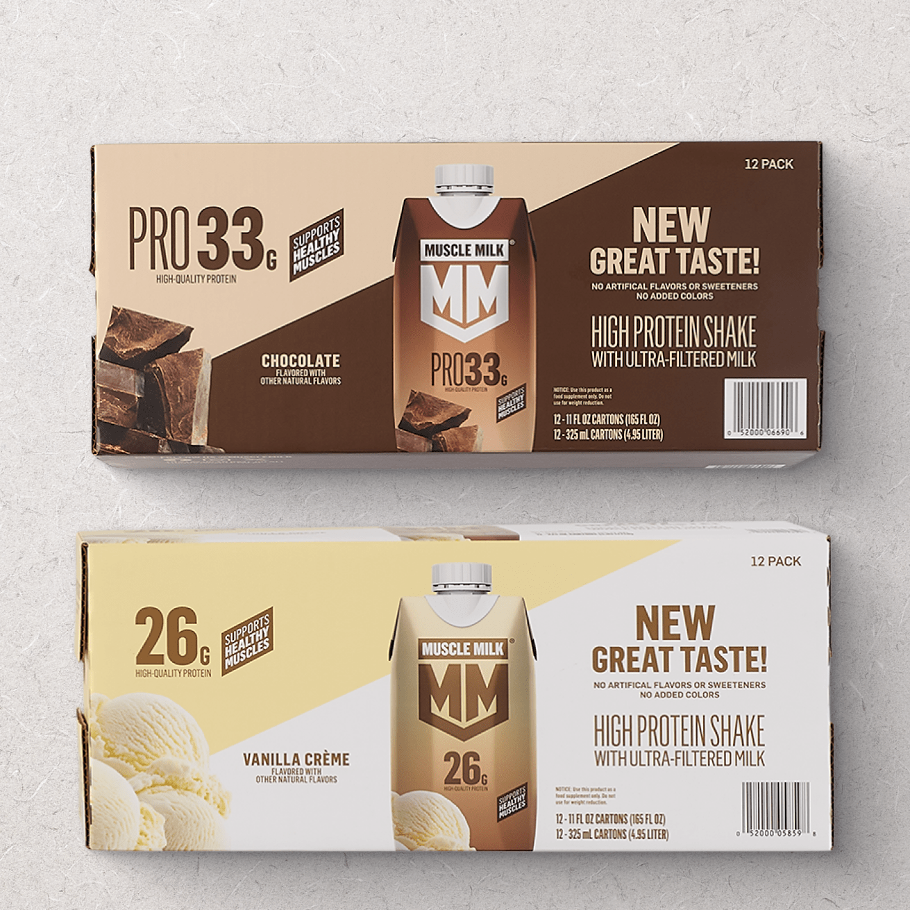 Two packs of Muscle Milk high protein shakes are displayed. The top pack is chocolate-flavored with 33g of protein per serving, while the bottom pack is vanilla crème-flavored with 26g of protein per serving.