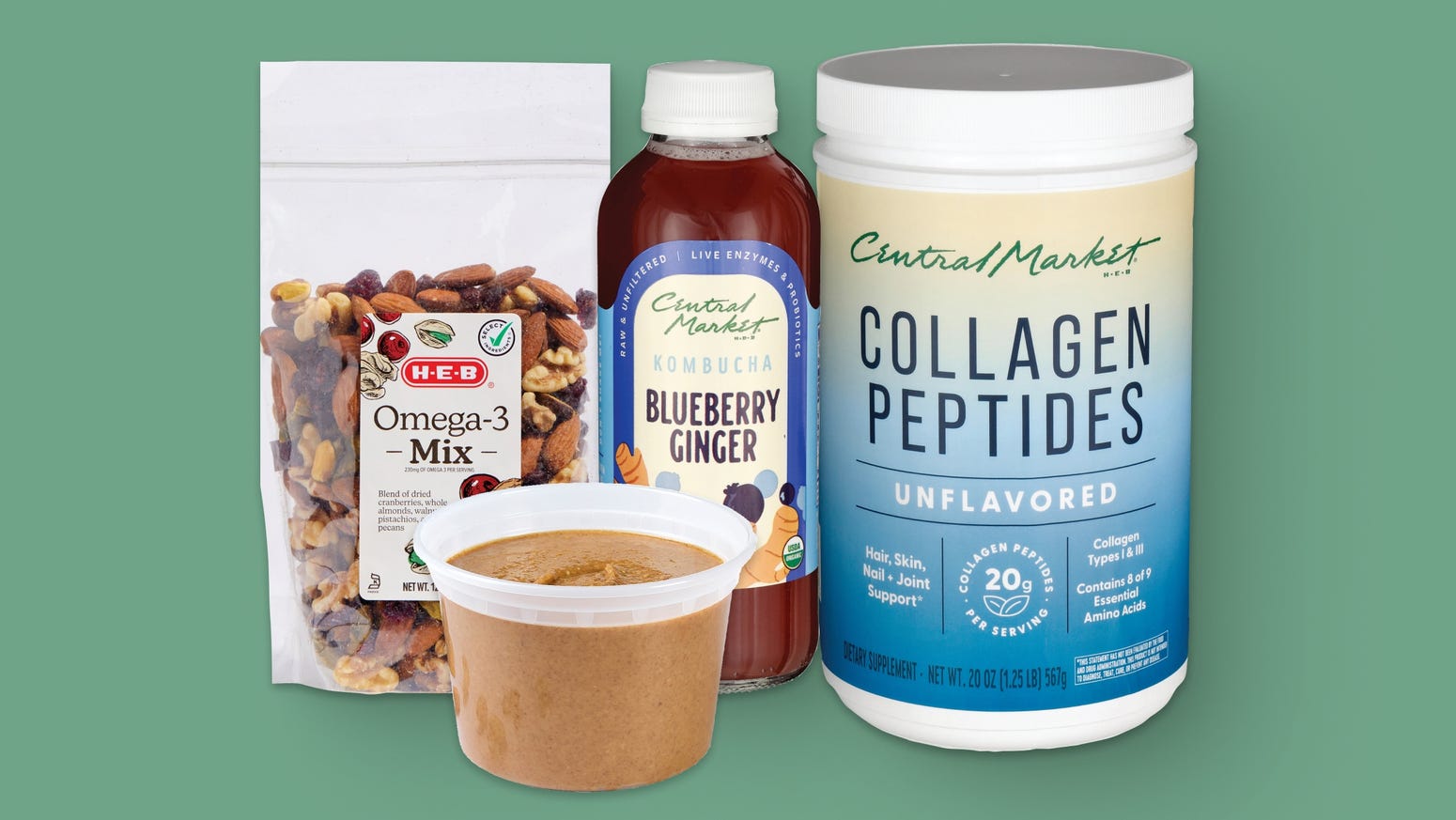 H‑E‑B Omega-3 Trail Mix, Central Market Blueberry Ginger Kombucha, Fresh Peanut Butter, Central Market Collagen Peptides