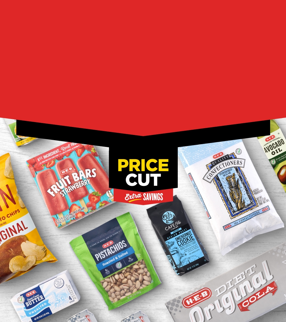 H‑E‑B grocery products scattered across a platter