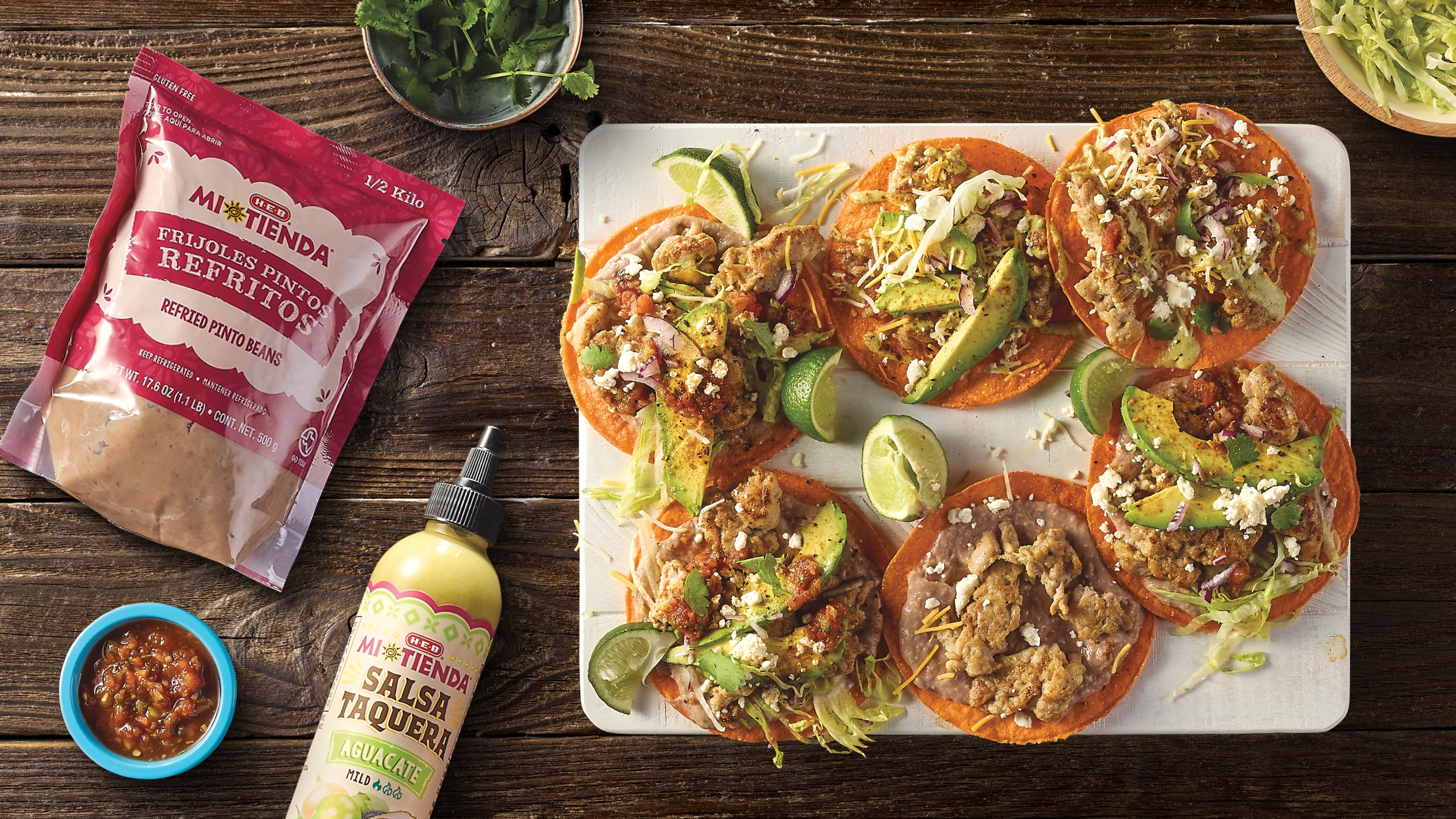 Mi Tienda refried beans, salsa taquera verda, & tostadas