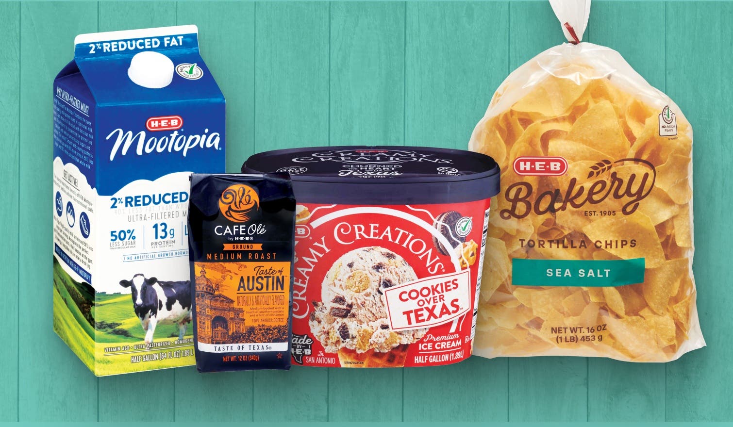 Mootopia 2% Reduced Fat Milk, Cafe Ole Taste of DFW Blend, Creamy Creations Cookies Over Texas, Bakery Sea Salt Tortilla Chips