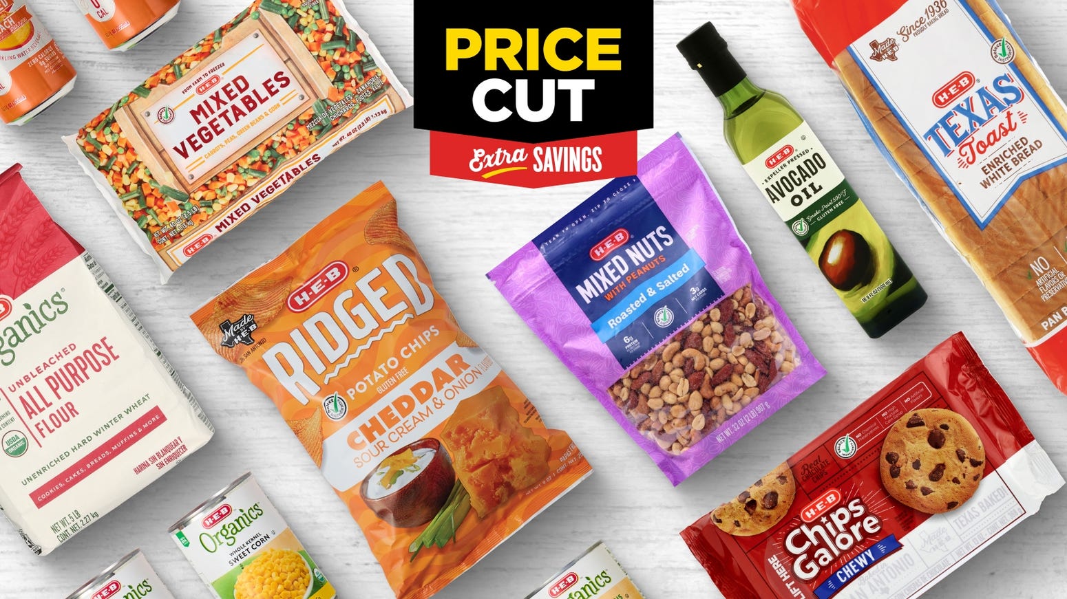 An image of several H‑E‑B branded items that are all on price cut