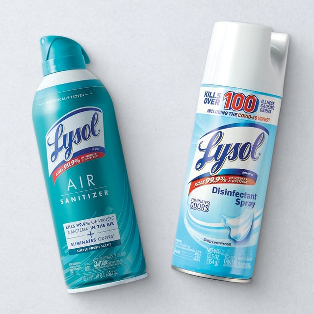 Image of two Lysol products: Lysol Air Sanitizer in a teal can and Lysol Disinfectant Spray in a light blue can.