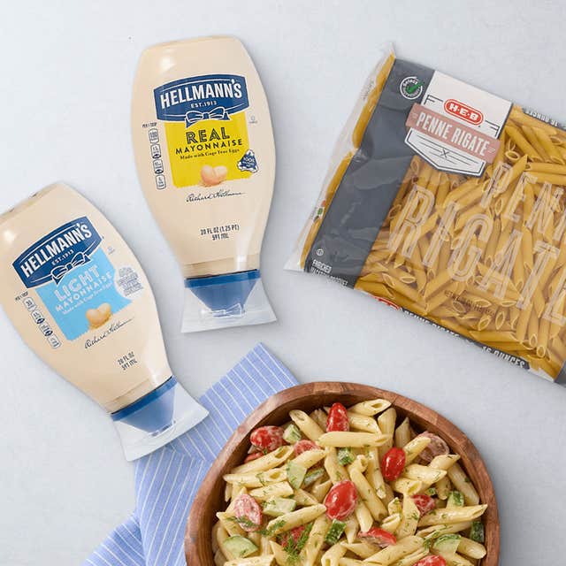 Hellmann's mayo, next to pasta in a bowl