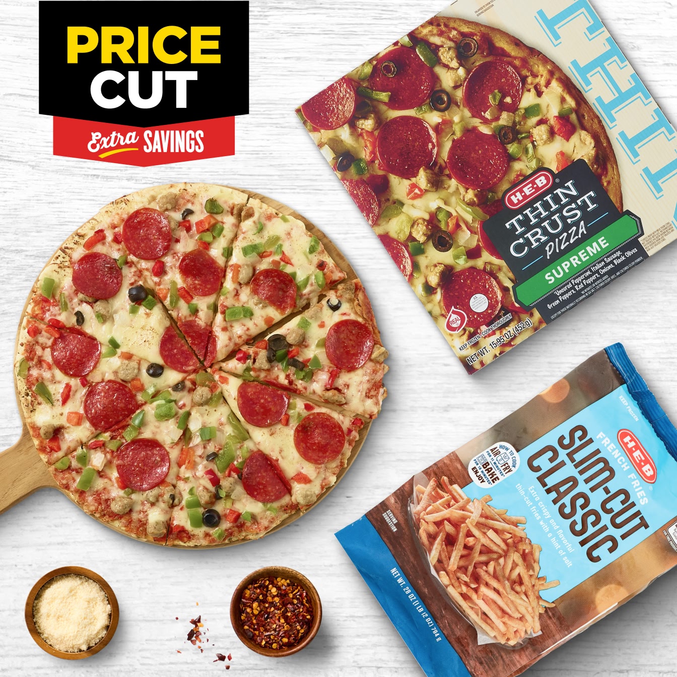 Pizza taken out of its Rising Crust H‑E‑B box