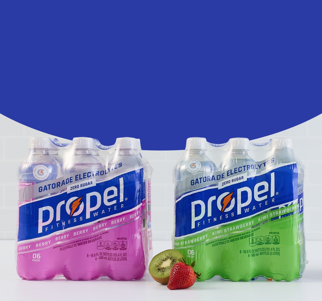 Packs of Propel Fitness Water, one in Berry flavor and the other in Kiwi Strawberry flavor, displayed against a blue and white background with fresh kiwi and strawberry fruits